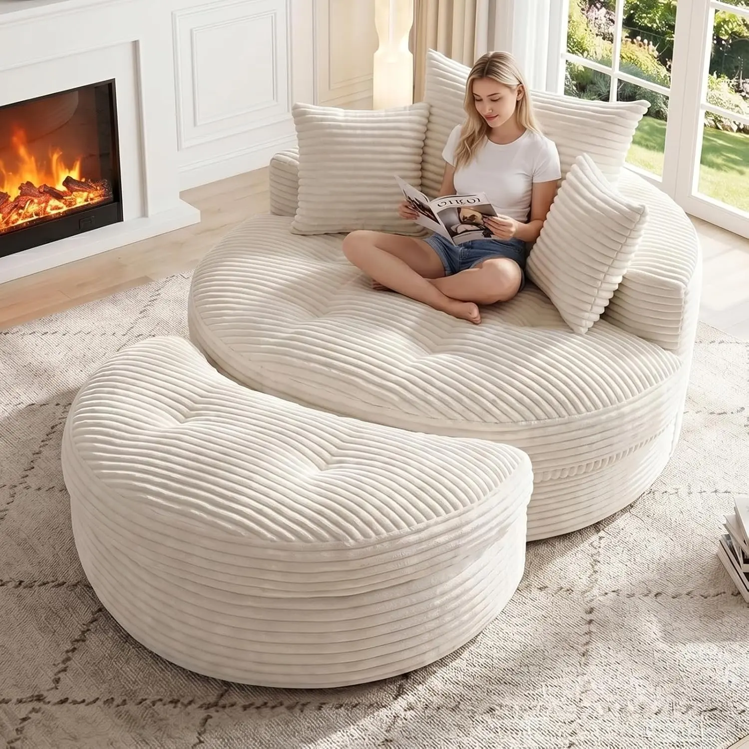 WINZOO Oversized Round Ribbed Corduroy Boneless Floor Chair - Pre-Assembled Deep Seat Skin-Friendly Convertible Couch, Upholstered Sleeper with 3 Pillows & Optional Ottoman, Modern Reading Lounger for Living Room, Boneless Couch, Floor Chairs