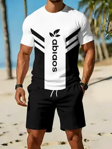 Men's 3D digital printed two-piece set with black-and-white contrasting lines, 2Pcs, trendy fashion suit, trendy retro casual two-piece outfit, Tropical resort-style trendy wear, breathable sports and casual style, an ideal festival gift for men