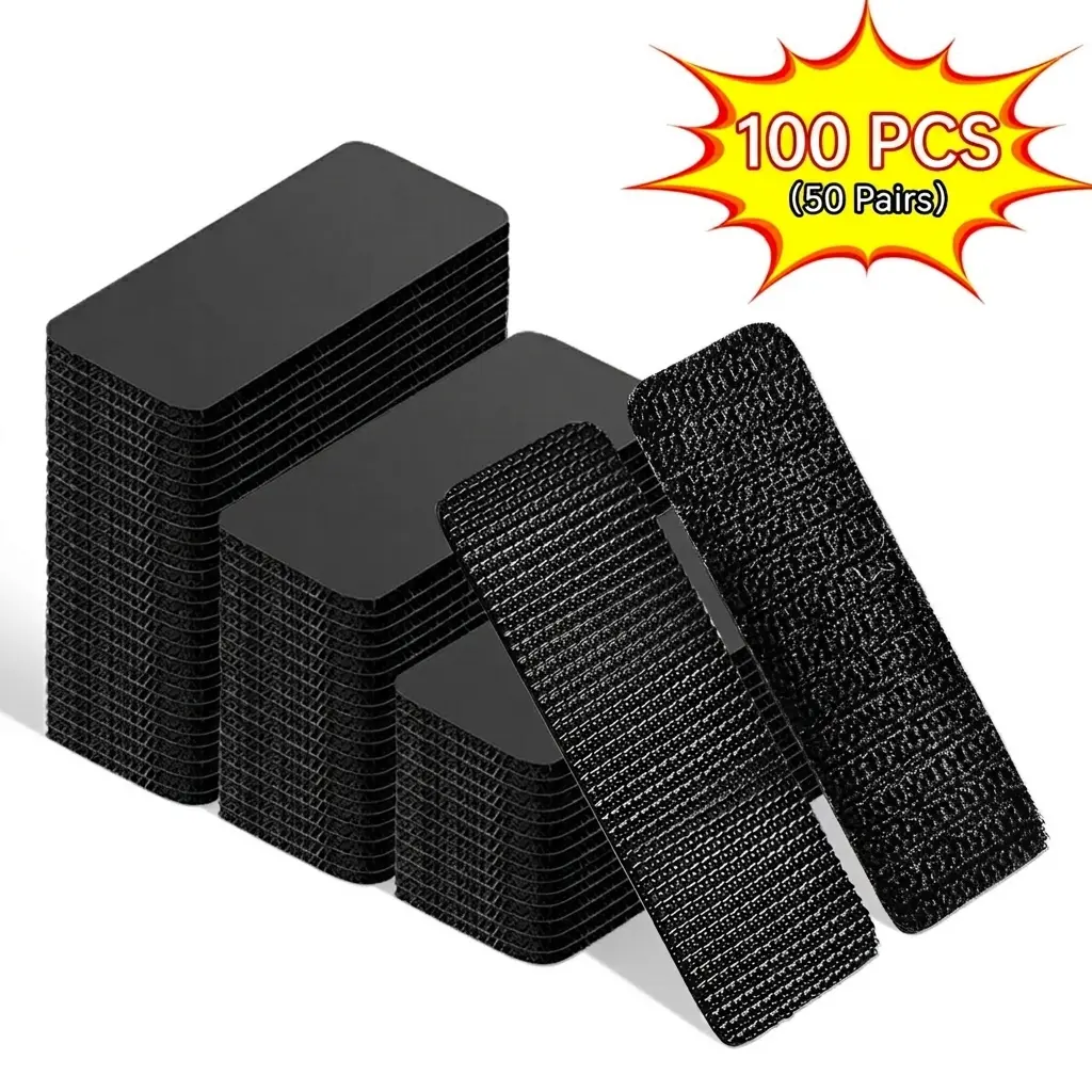 Double-Sided Hook and Loop Strips (100 Pcs/50 Packs) - Industrial-Strength Long Lasting Adhesive, Super Strong Hold, No Drills Needed, Reusable, Compact Tangle-Free for Home Users' Closet Organization, Metal/Glass, Sealed Wood, Home Supplies Hooks & Rails
