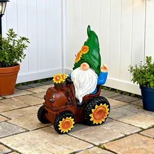 Cute Garden Gnome on Sunflower Tractor Decor - 11.4" Resin Outdoor/Indoor Statue with Solar LED Lights | Funny Patio Yard Decorations for Home