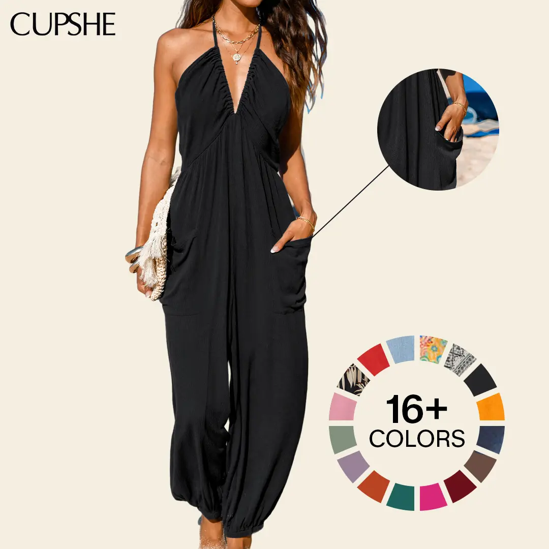 CUPSHE Women's Sleeveless Plunge Halter Wide Leg Jumpsuit - Adjustable Strap, Lightweight Rayon, Pockets, Tropical Print, Casual Fashion Jumpsuit, Stylish Women's Wear, Beach Outfits for Summer Resort Holiday #DealsForYouDays, Women's Clothes, Clothes For