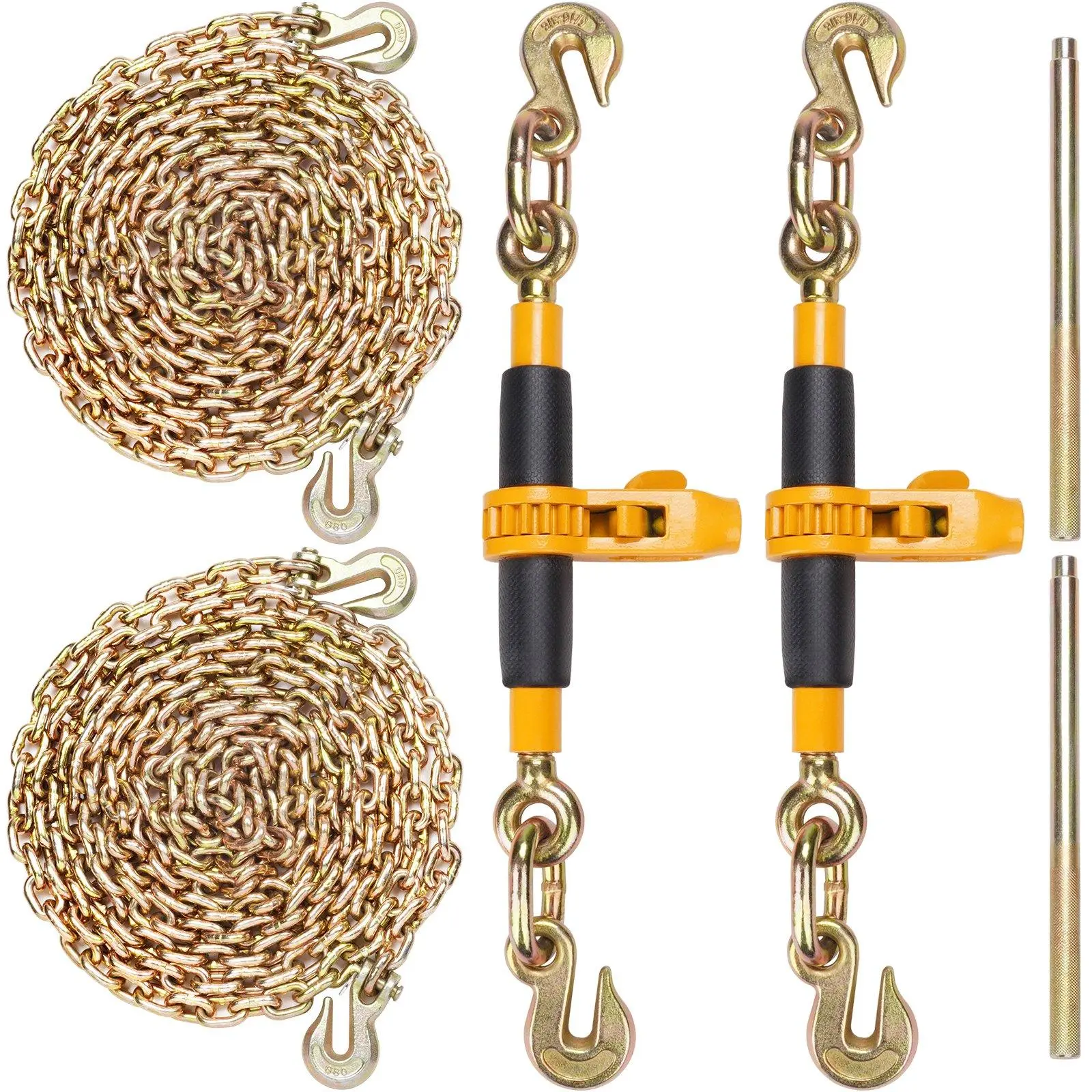 【Summerfinds】VEVOR Ratchet Chain Binder 2PCS,  3/8"-1/2" Heavy Duty Load Binders, with G80 Chains 12000 lbs Secure Load Limit, Labor-saving Anti-skid Handle, Tie Down Hauling Chain Binders for Flatbed Truck Trailer