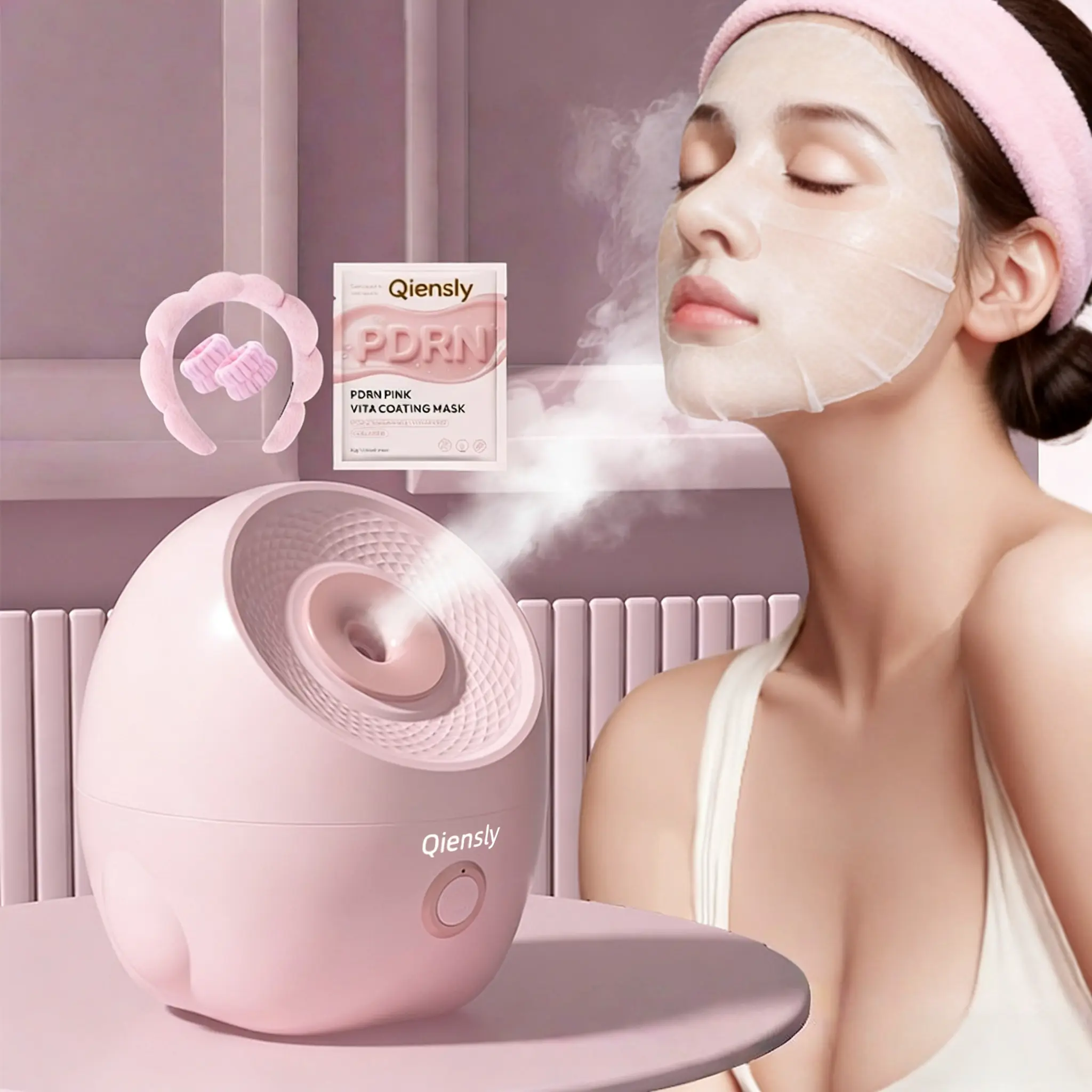 Qiensly 2-in-1 Nano Ionic Facial Steamer & Humidifier Bundle Deal - Free PDRN Collagen Mask, Free Headband & Wristbands - 3-5 Min Lazy-Girl Tool, Open Pores Treatment, Hydrate, Glowing Skin, All Skin Types, Winter Hydration, At-Home Spa Self-Care, New, Es