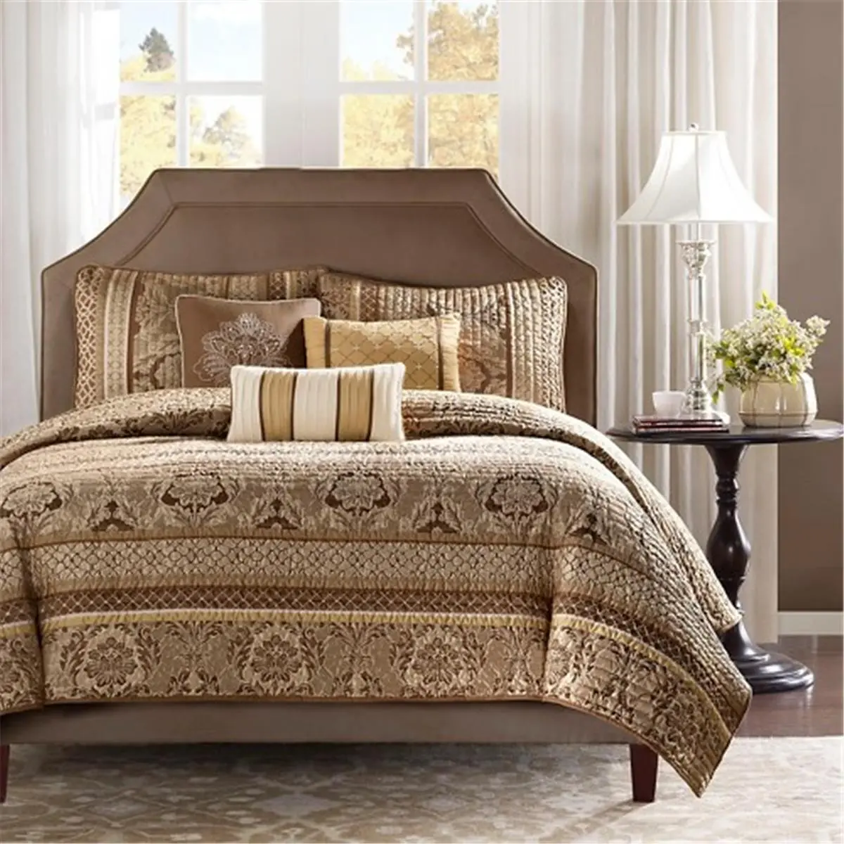 212 MAIN Lavish Queen Jacquard Coverlet Set - 6-Piece (6 Pieces) 100% Polyester Bedding Linens, Jacquard Weave, Ivory Stitch, Leaf Motif, Rich Tones, Six Pieces