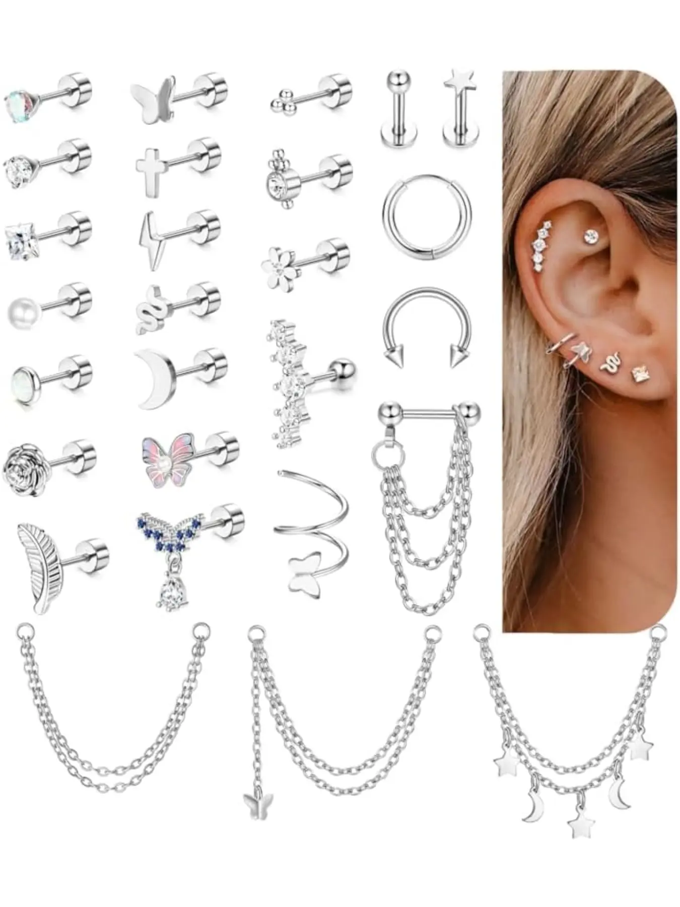 27 Pcs Helix Piercing Earrings Hypoallergenic Surgical Steel Earrings for Women Men Small Cz Flat Back Earrings, Earrings With Flat Backs, Cartilage Helix Hoop Tragus Flat Back Studs Set Earring