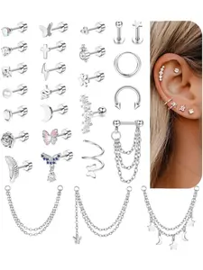 27 Pcs Helix Piercing Earrings Hypoallergenic Surgical Steel Earrings for Women Men Small Cz Flat Back Earrings Cartilage Helix Hoop Chain Piercing Tragus Earring Piercing Jewellery, Butterfly Earrings