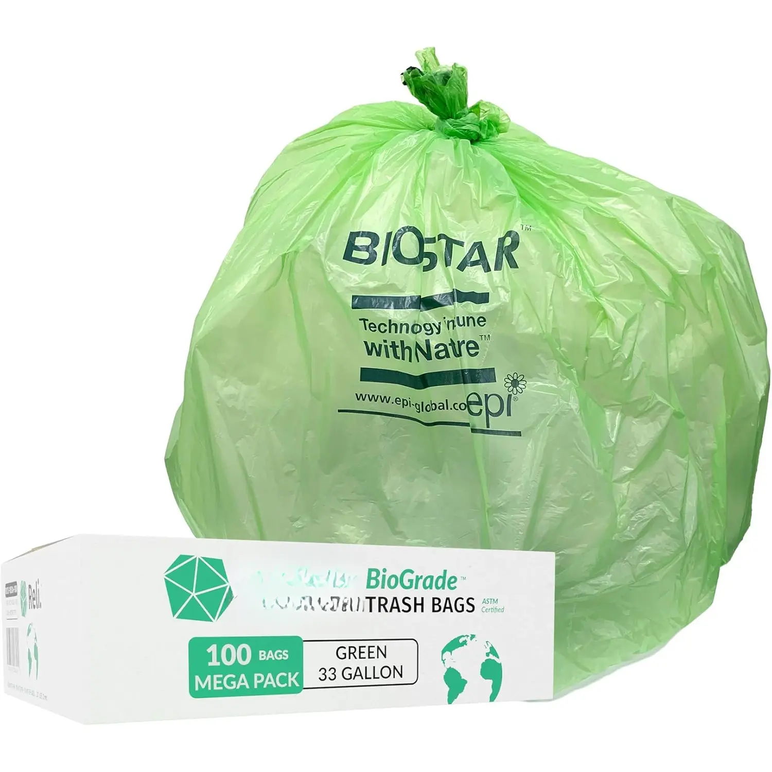 Biodegradable 33 Gallon Trash Bags, 100 Count, Green , Degradable Under Certain Conditions, Custom-Fit for Compactor