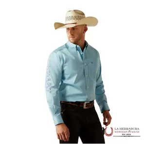 ARIAT MENS TEAM LOGO TWILL CLASSIC LONG SLEEVE AHIRT LIGHT BLUE/BLUE CLASSIC FIT - 10055235