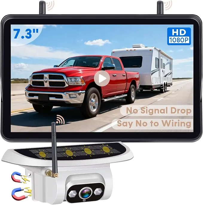 7.3" Magnetic Solar Wireless Backup Camera System with DVR Monitor - 15200mAh, 1640FT Range, IP69 Waterproof, HD1080P, No-Wiring Rechargeable, IR Night Vision, Solar Powered Camera for RV, Truck, Recording, Installation Mount, Protective Design