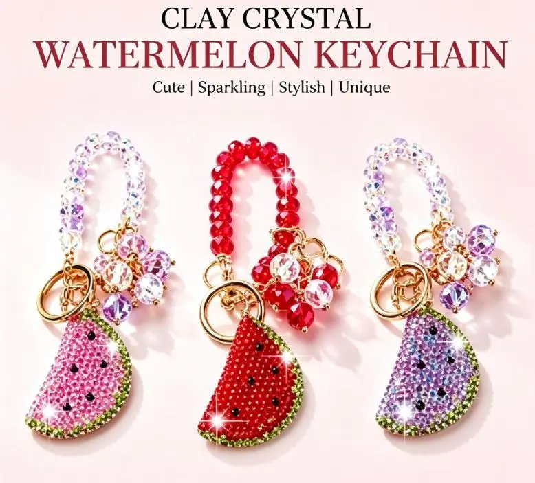 Clay Crystal Rhinestone Watermelon Keychain - 3D Cute Fruit Keychain for Car Keys, Trendy Personalized Bag Charm Pendant, Fashion Accessory Gift for Women