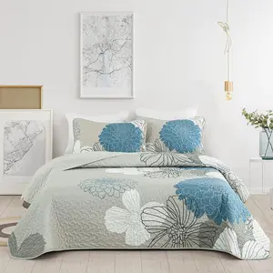 Blue Floral Pattern Queen Size Quilt - 3 Quilt Coverlet Bohemian Bedspread with 2 Pillowcases Lightweight Quilt for Adults (Blue,90"x90")