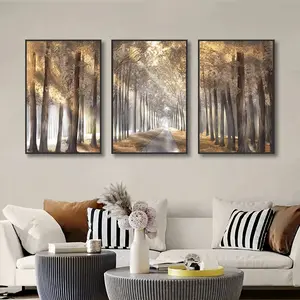 3pcs/set Frameless Golden Light Passing Through Trees Forest Canvas Painting Charming Landscape Pictures Wall Art Decor Posters and Print for Living Room