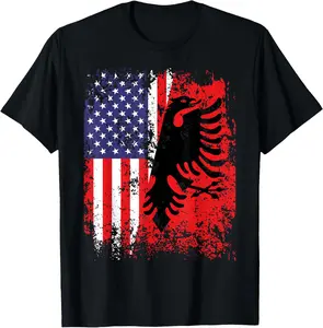 Albanian American Flag Shirt Patriotic USA Albania Flag Summer Shortsleeve Cotton T-Shirt