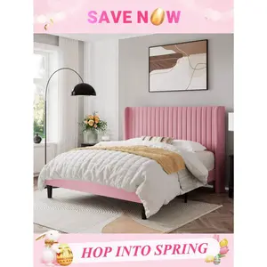 Allewie Full/Queen/King Size Velvet Bed Frame/Vertical Channel Tufted Wingback Headboard/Upholstered Platform Bed/Strong Wooden Slats/No Box Spring Needed/Easy Assembly/Blue/Black/White/Green/Teal/Pink/Grey * Bed Frame Queen Queen Bed Frame Bed Frame