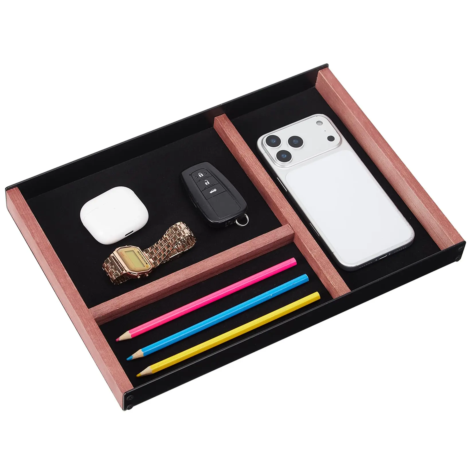 3-Compartment Desk Organizer Tray - Iron & Paulownia Wood Office Drawer Caddy, Black & Wood Tone, Minimalist Modern Farmhouse Storage for Desk, Nightstand, Makeup Table Pens, Keys, Phone & Accessories