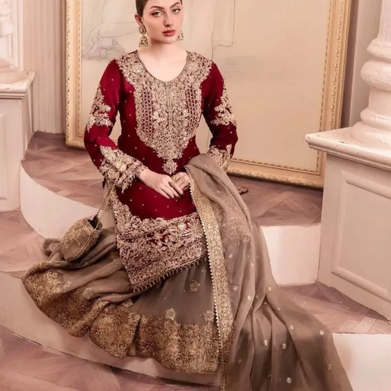 Sharara Suit for Women with Gold Embroidery, Maroon 3-Piece Indian Bride Attire, Desi Party Wear Clothes, Embroidered, Original, Desi Attire Women, Costumes