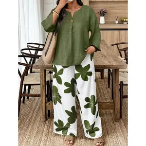 2pcs Plus Size Women Casual Solid Long Sleeve V-Neck Blouse And Floral Printed Pants Set
