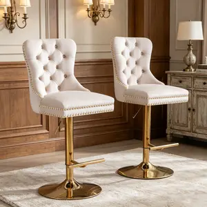 Thick Chrome Swivel Velvet Bar Stools Set of 2, Adjustable Height 25‑33 Inch Upholstered Counter Stools, Diamond Tufted Button Back Barstools with 17.7" Round Base, 360° Swivel Bar Chairs for Kitchen Island Home Pub Bar