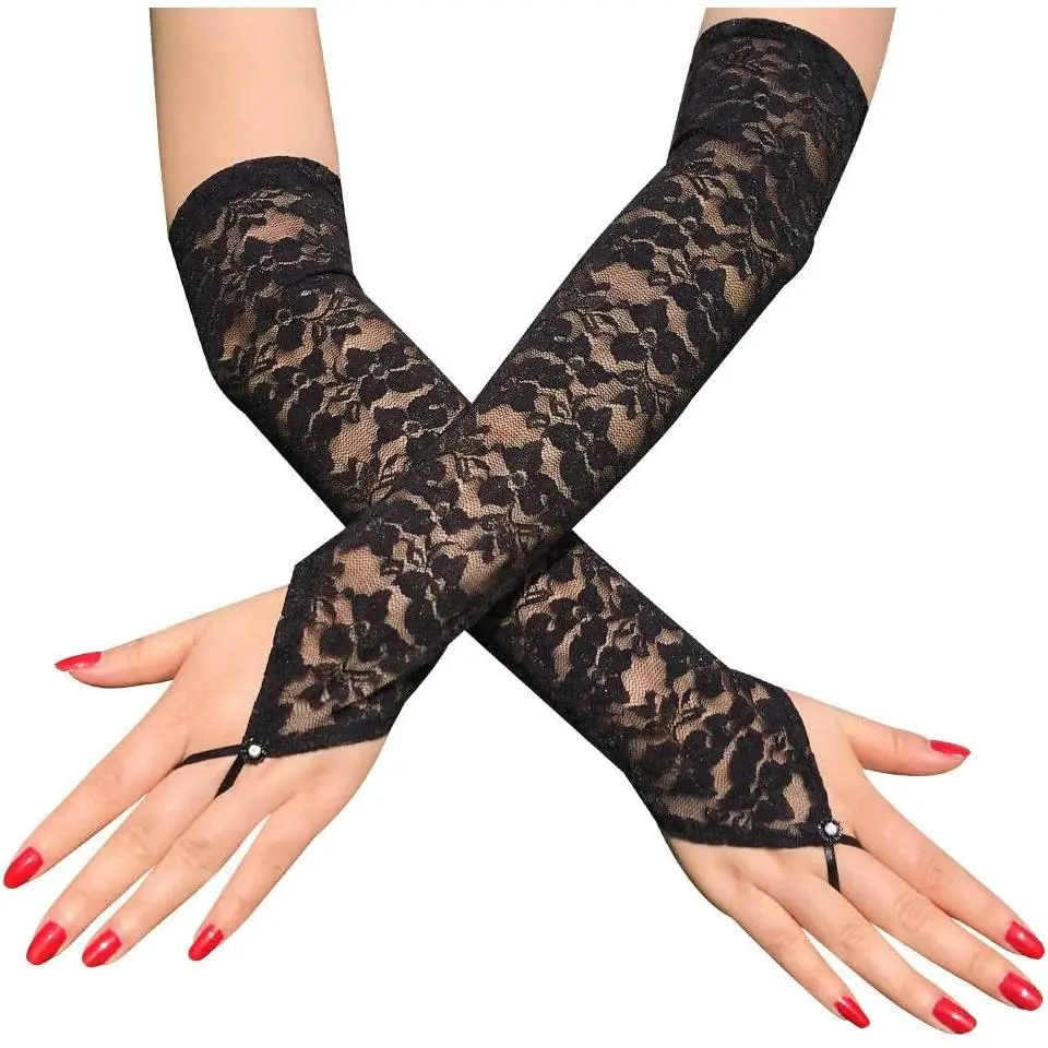 Floral Lace Gloves for Women, Elegant Elbow Length Fingerless Style for 20s Parties and Evening Events, Elegant Look, Female Gloves, Fingerless Wear, Open Finger Tips, Opera Party