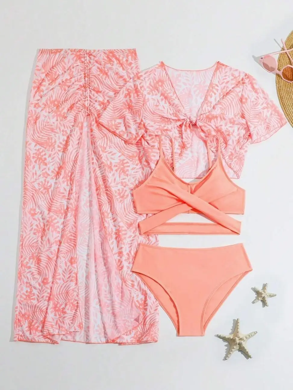 4Pcs Teen Girls Tropical Bikini Set With Kimono & Beach Skirt Summer Swimwear Outfit