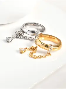 1pc French high-end sense elegant design unique high-end sense pull full of gold inlaid diamond chain ring water drop pendant design women's ring, Teardrop Bridal Rings