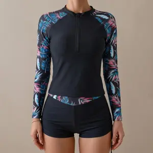 Women's Long Sleeve Two Piece Swimsuit UPF 50+ Rash Guard Bathing Suit Modest High Waisted Bikini Set with Tummy Control Shorts Floral Print Athletic Surfing Suit 2026 New outfit halter top y2k clothing leopard brazilian bottoms Rave Neck Crop Bikini Top