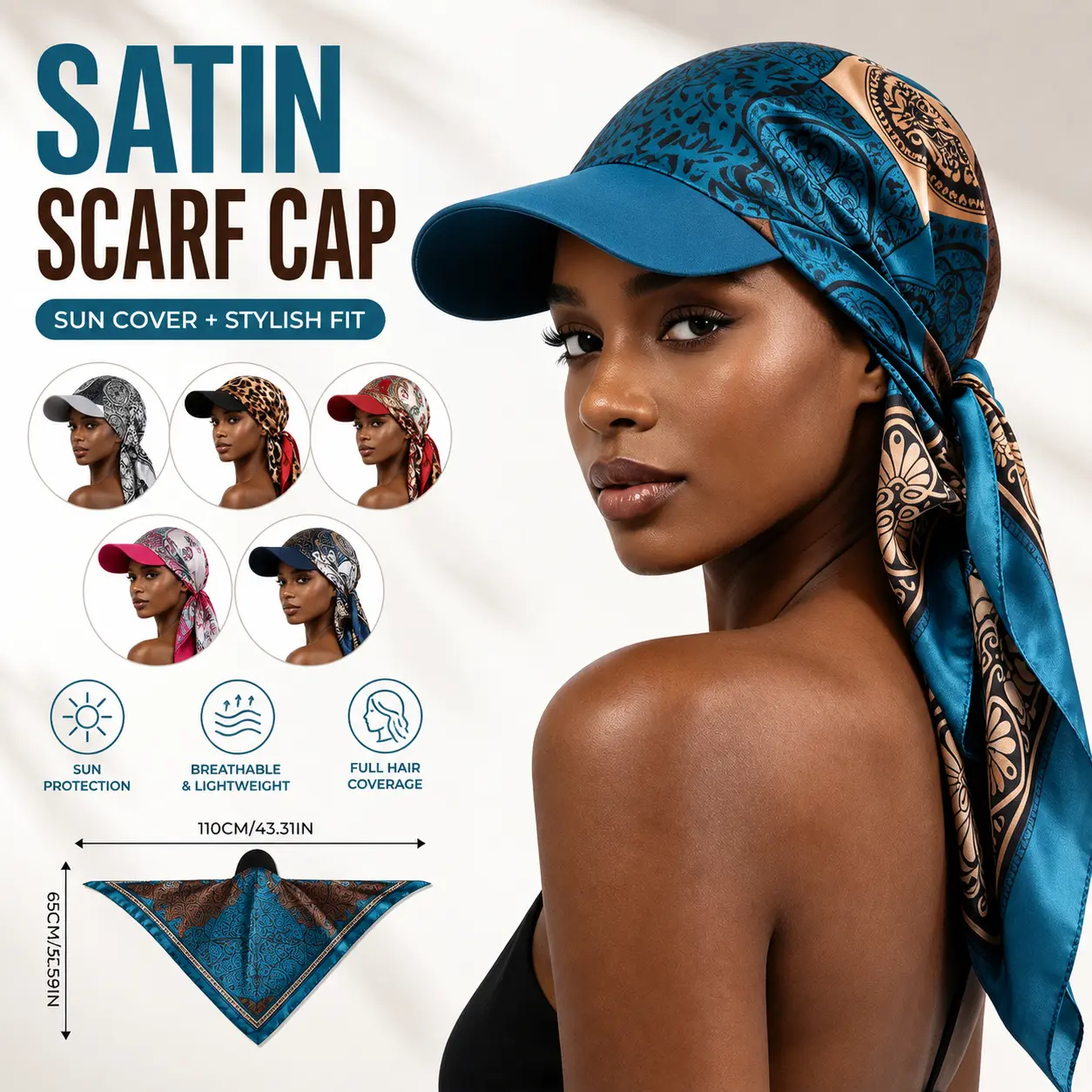 Satin Scarf Visor Cap for Women, Printed Sun Hat Head Wrap with Tie Back Tail, Stylish Hair Cover Cap