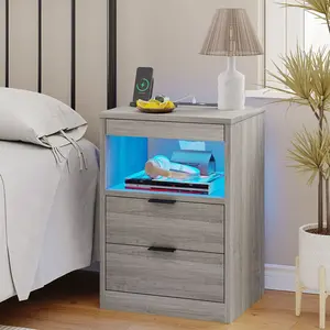 Sikaic LED Nightstand with Wireless Charging Station Grey Bedside Cabinet Modern Design Pull-Out Tray Color Changing Light Strip 2 Storage Drawers