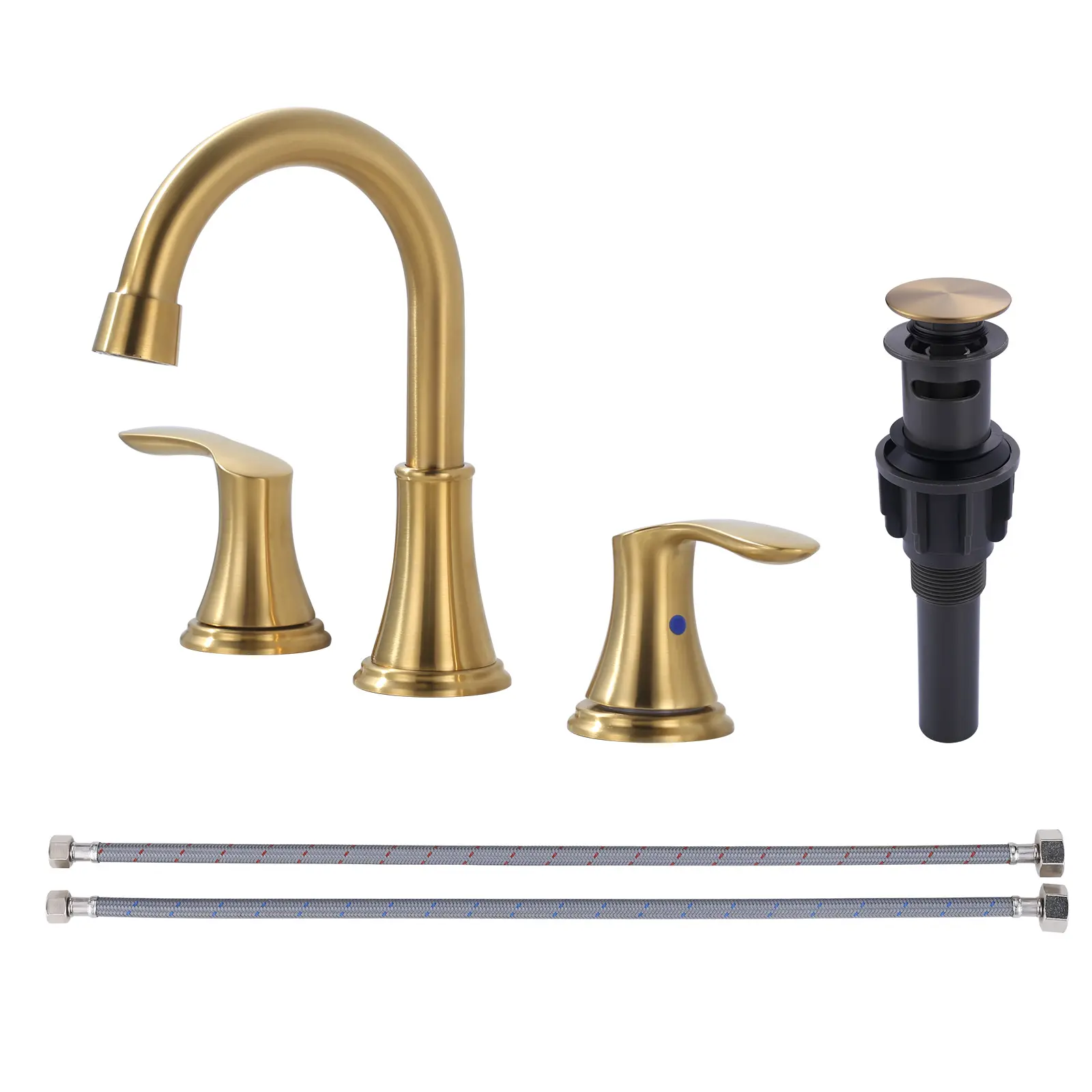WOWOW 8-in Widespread Bathroom Faucet Set, 2-Handle 3-Hole Modern Bathroom Sink Tap with Swivel Spout, Pop-Up Drain Assembly, Water Saver Faucet Aerator (Brushed Gold)