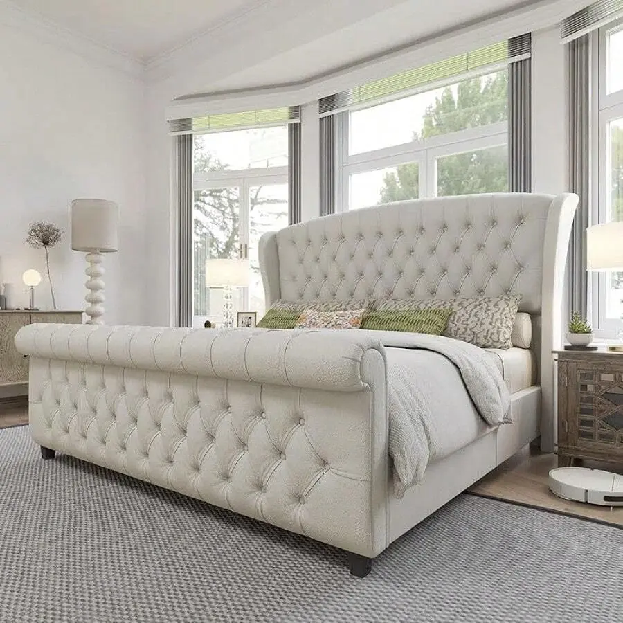 Merluxy Velvet Upholstered Platform Sleigh Bed With Scroll Wingback Headboard & Footboard, Button Tufted Design, No Box Spring Required