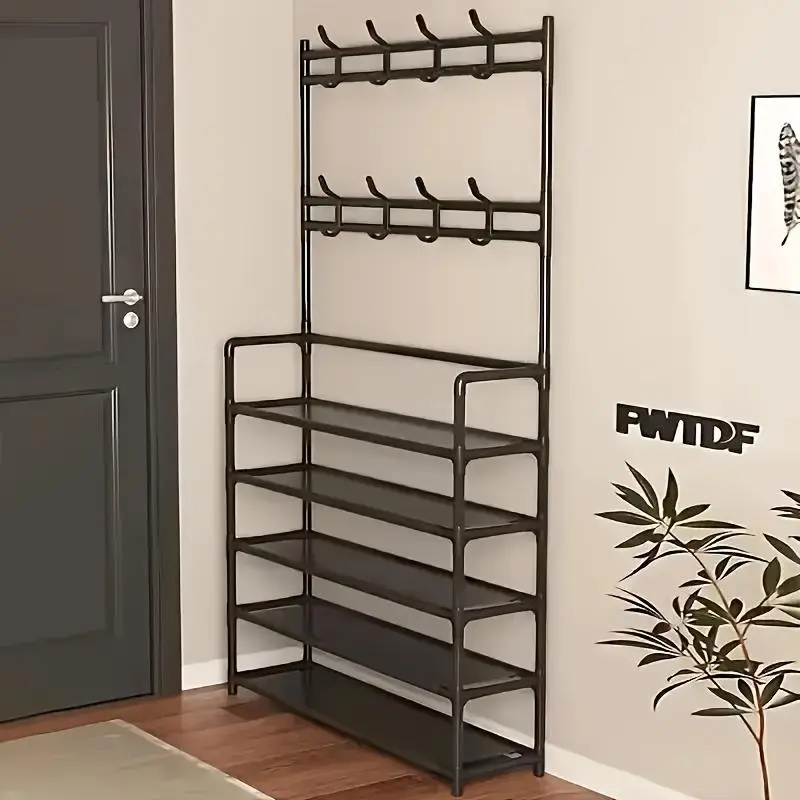 2-in-1 Entryway Organizer: 5-Layer Shoe Rack & Coat Hanger Combo with Hooks Durable Plastic Metal Freestanding Storage for Shoes Clothes Bags Hats Space Saving Black Home Furniture for Bedroom Hallway