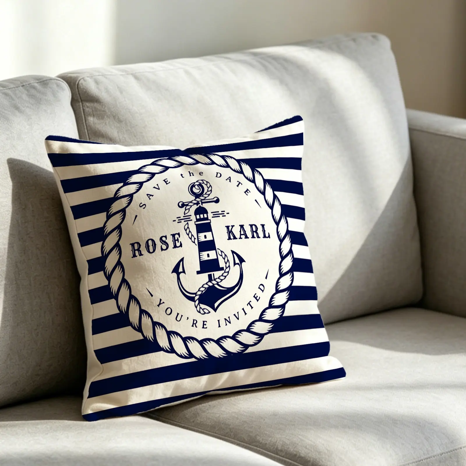 Nautical Anchor Throw Pillow, Coastal Navy Blue Striped Decorative Cushion,Accent Pillow Sofa, Living Room, Beach House, Ocean-Themed Pillowcase, Bedroom Home Decor, Filled