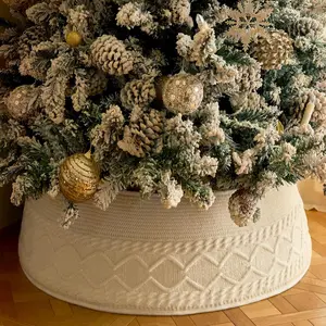 Knit White Rustic Farmhouse Christmas Tree Collar Adjustable Christmas Tree Base Cover for 6ft 6.5ft 7ft 7.5ft Artificial Christmas Trees