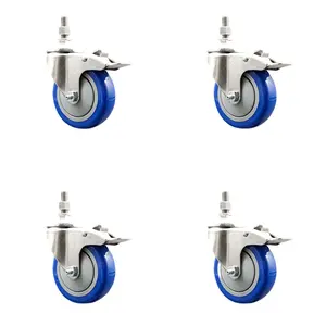 Service Caster SCC-SS316TSTTL20S414-PPUB-BLUE-381615-4 Polyurethane Swivel Stem Caster with 4 in. Blue Caster Wheels, 0.38 in. Threaded Stems - 316 Stainless Steel Casters - Set of 4