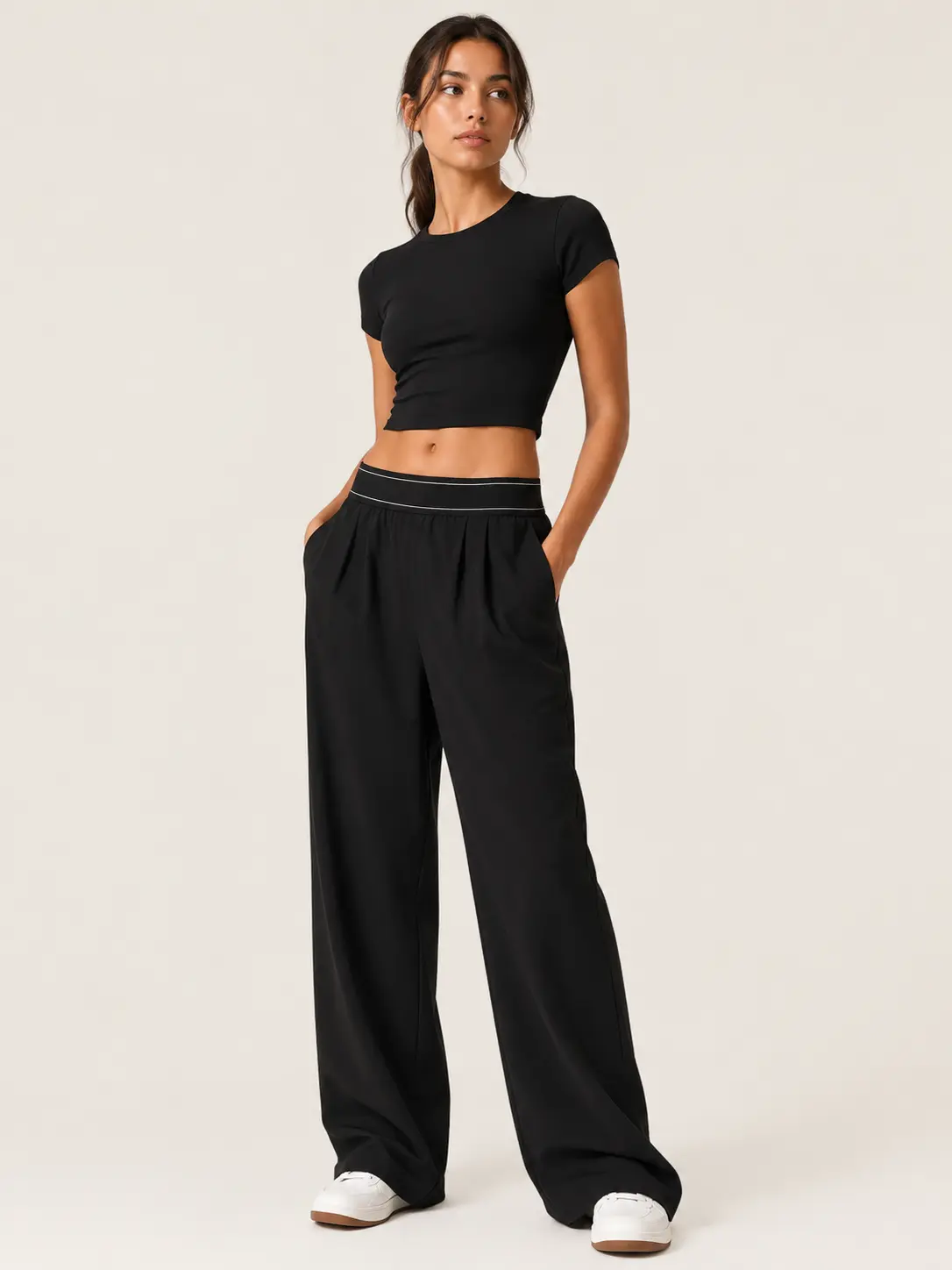 Women’s High Waist Wide Leg Yoga Pants, Black Relaxed Fit Workout Trousers, Soft Stretch Lounge Pants for Pilates, Gym, Running, Travel, Casual Athleisure, Comfortable Activewear with Pockets  Waistband, elastic band, and belt