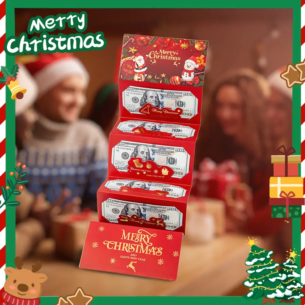 Compact 6-Slot Santa Claus Christmas Money Holder Cards, DIY Dollar Bill Gift Envelopes with Gold Foil Seals, Ribbons, Holiday Cash Gift Card Set, Christmas Stocking Stuffers