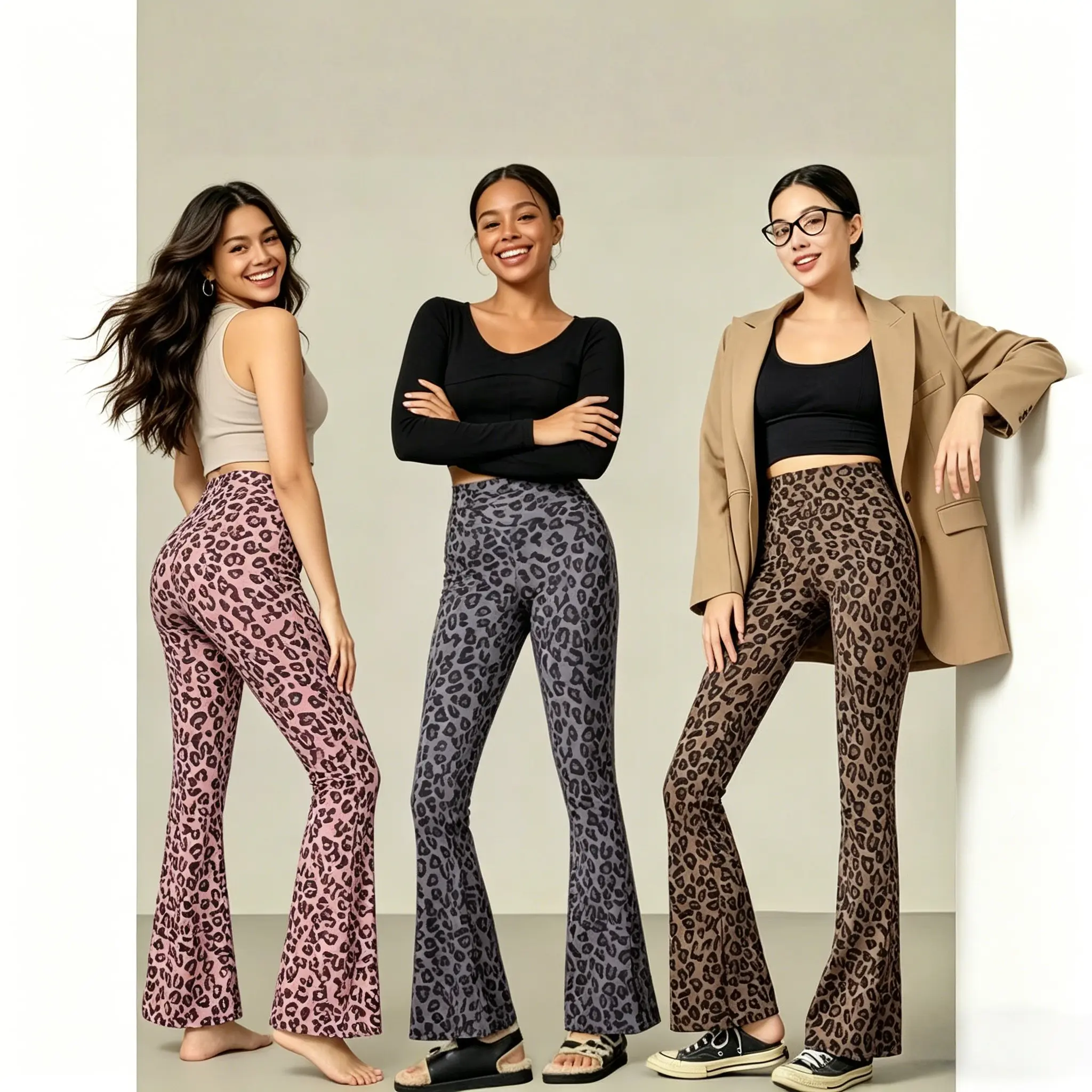 H  3-Pack Leopard Print Flare Yoga Pants, Retro Y2K & Sporty Style, High Waist, Tummy Control & Butt Lifting,Stretchy Slimming Fabric, No Roll & No Digging, Versatile for Workout, Casual, Commute & Dates, Plus Size Friendly Bell Bottom Leggings for Women