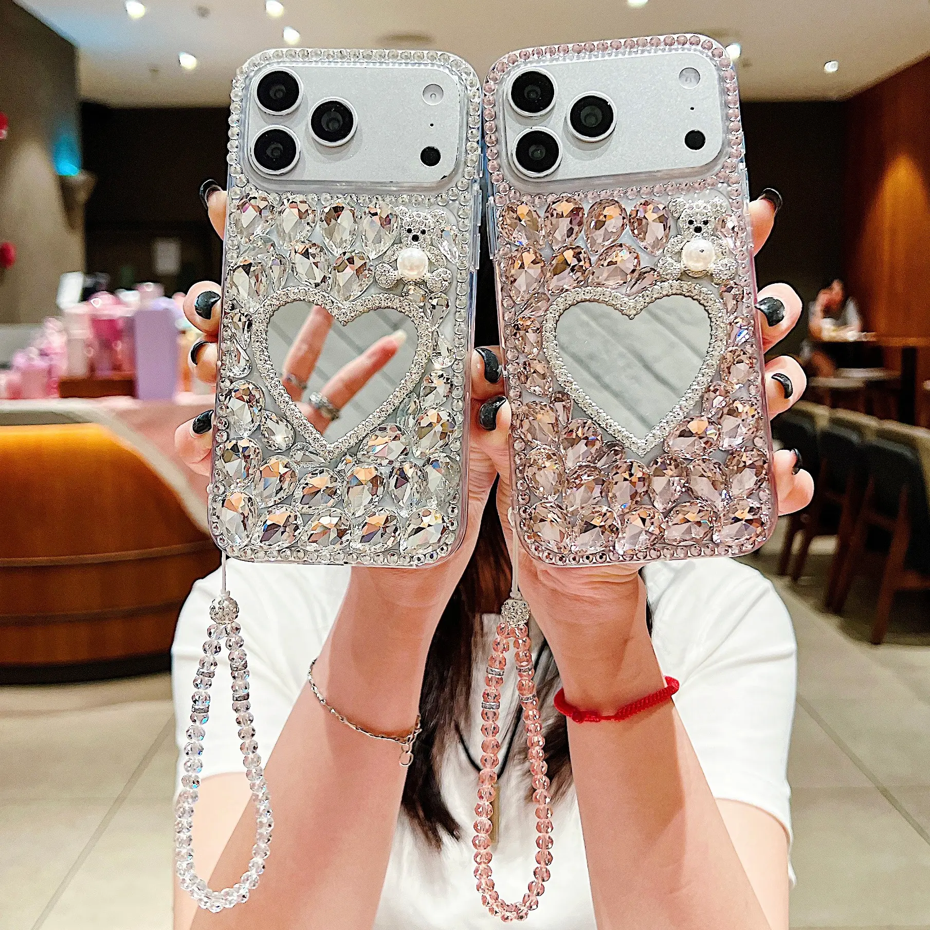 【De Yi】Bling DIY Little Bear Bow Heart-Shaped Makeup Mirror With Detachable Crystal Wrist Chain Spare Diamonds For Apple 17/16 Pro/Max Mobile Phone Case,Personalized Cute, Anti-Fall,Protective For Girls & Women