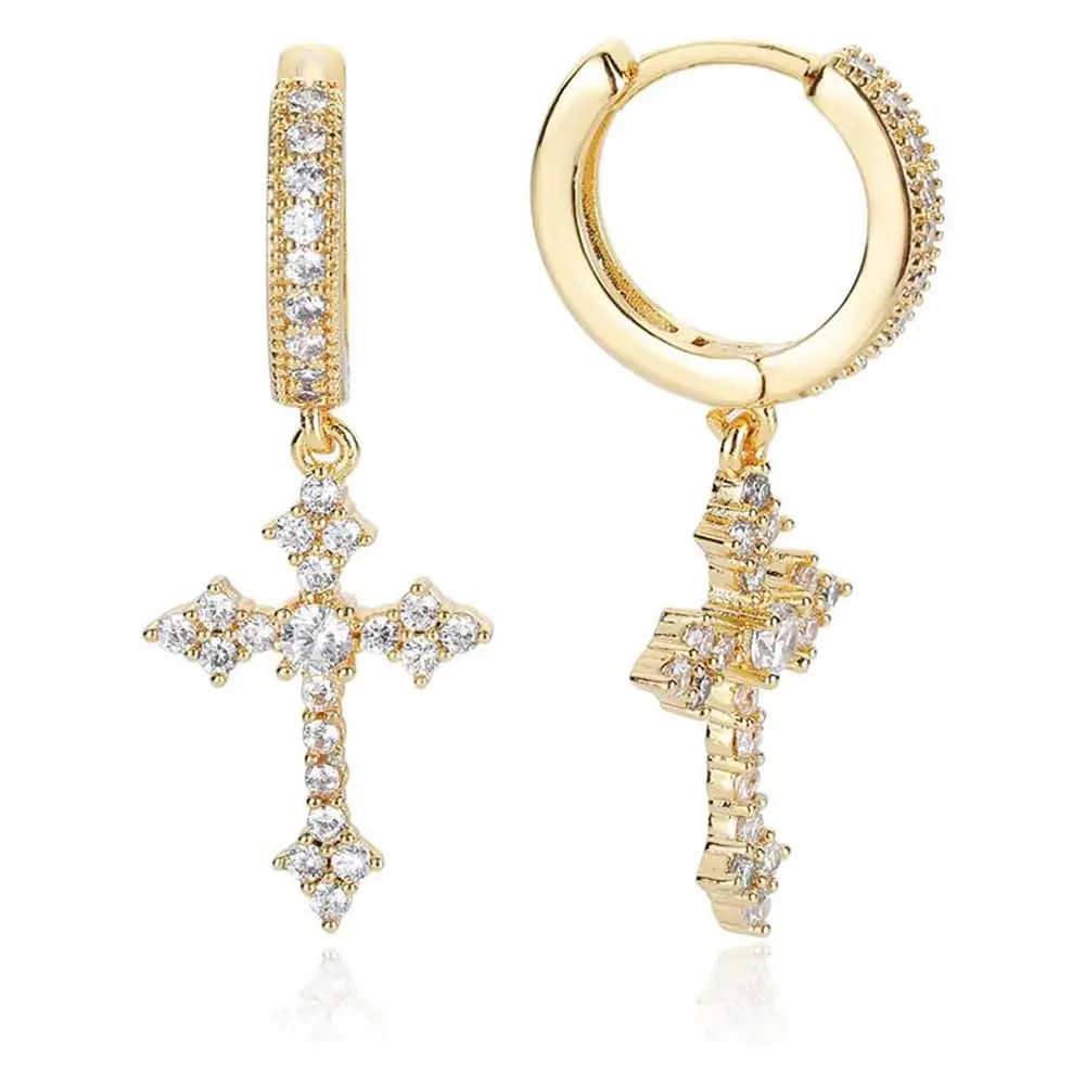 Unisex Ear Accessories, Iced Out Cross Charm Dangle Huggies, High Quality Gold or Silver Plated Earrings with Cubic Zirconia Designs, Spiritual Jewelry, Shining Earrings, Valentines Day