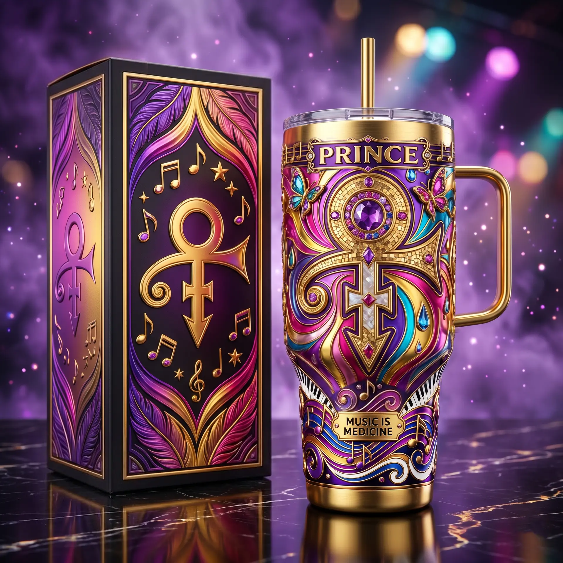 Prince Purple Rain Handle Tumbler Music Is Medicine Coffee Tumbler Gift For Her - HNW