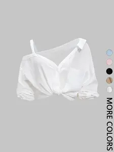 Women's Asymmetrical Off-Shoulder Halter Top, V-Neck Button Front Textured Seven-Eighth Lantern Sleeve Loose Blouse Shirt, Breathable Lightweight Daily Wear