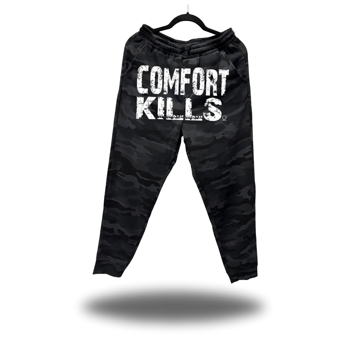 Comfort Kills Athletic Camouflage Streetwear Joggers, Casual Black Streetwear Bottoms for Sports & Outdoor Activities, Athletic Joggers, Casual Street Joggers