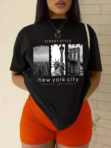 Women's New York City Graphic T-Shirt, Crew Neck Soft Cotton Casual Tee, NYC Street Style Print with Statue of Liberty & Brooklyn Bridge, Vintage Souvenir Top, Y2K Aesthetic Streetwear for Summer Vacation, NYC Lover Gift, Lightweight, Fashion