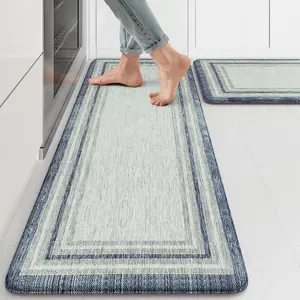 Anti Fatigue Kitchen Mat 2PCS Non-Skid Waterproof Kitchen Rugs Farmhouse Standing Mat for Floor Laundry Room, Cushioned Comfort Foam Mat for Office Sink Desk Blue Gray Home Decor
