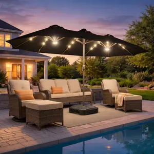 CAODOC 15FT Oversized Solar LED Patio Umbrella with Base & Crank, Double Sided Rectangular Market Umbrella for Garden, Deck, Backyard, Pool, Durable Water Resistant Canopy, 36 LED Lights, Adjustable Outdoor Sunshade