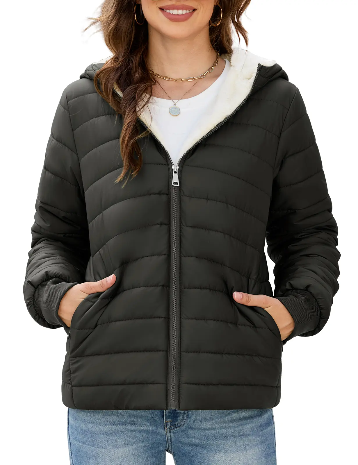 【Early Bird Price】HEEKPEK Women's Fitted Basic Style Polyester Cropped Puffer Jacket - Hooded, Full-Zip, Quilted, Fleece-Lined, Windproof, Warm Winter Tops, Slim Fit Casual Outerwear