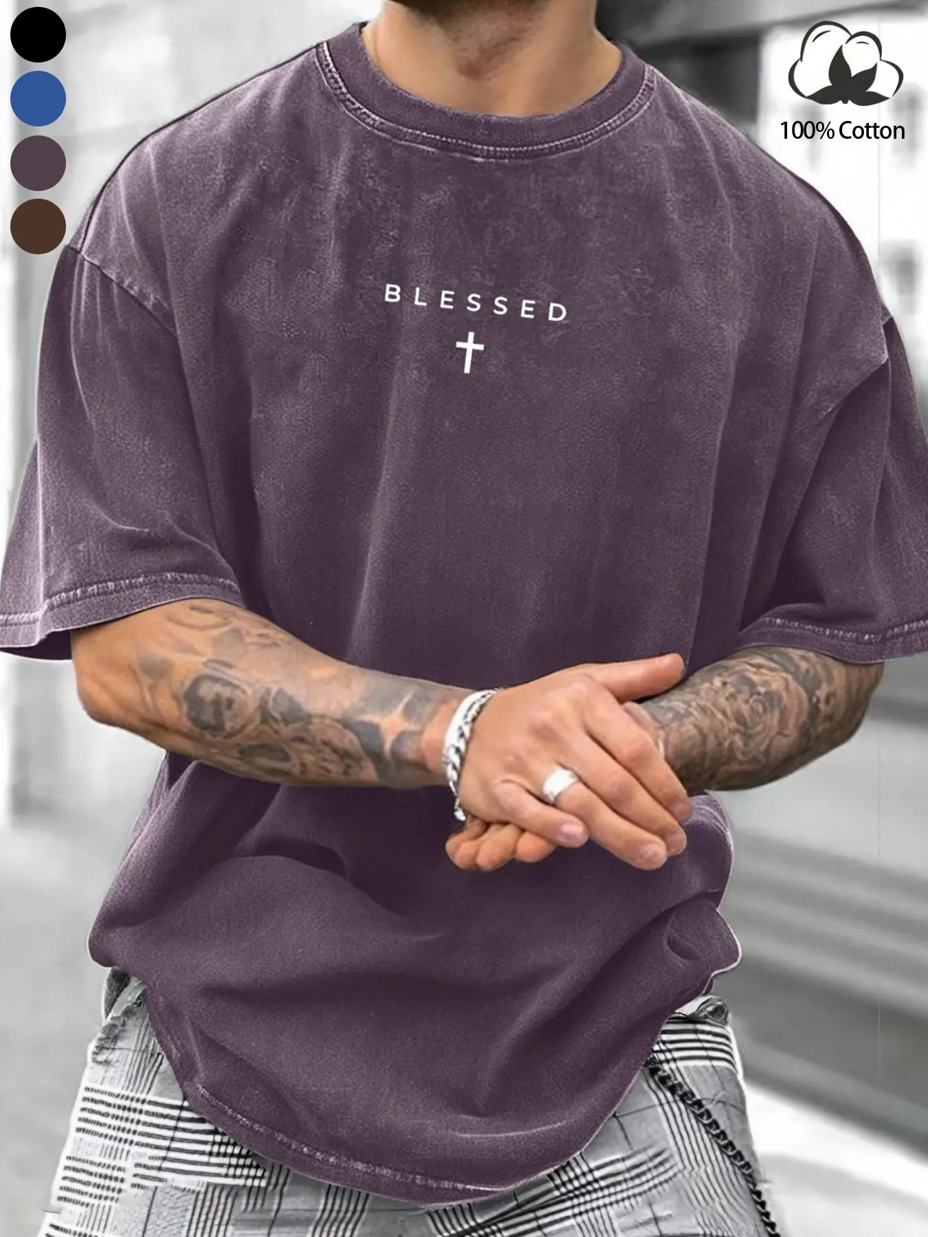 Men's 100% Cotton Fabric Short Sleeve Crewneck T-Shirt, Minimalist Graphic Tee, Letters Print Tee, Menswear, Blessed Cross Print, Casual Streetwear, Loose-Fitting, All Seasons, Comfortable Washed Textured Texture