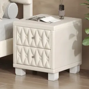 Luxurious Velvet Nightstand with Crystal Handle and 2 Drawers, Beige Luxurious Velvet Nightstand with Crystal Handle and 2 Drawers, Beige