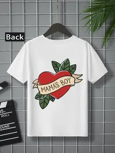 Boys' Cartoon Heart & Letter Print Round Neck Tee, Cute Graphic Tee, Funny Graphic Tees, Casual Soft Comfy Short Sleeve T-shirt for Daily Wear, Kids Clothes for All Seasons