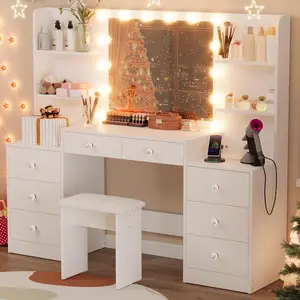VOWNER Large Makeup Vanity Set - White Women's Bedroom Dressing Table with Lighted Mirror, Power Outlet, Soft Stool, 8 Drawers, 6 Open Shelves